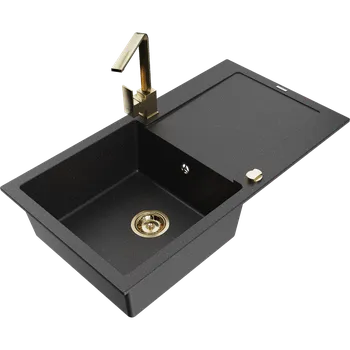 Granitový dřez Mexen Leo granitový dřez 1-komorový s odkapávačem a kuchyňskou baterií Rita, černý/stříbrný metalik - 6501-73-670300-50 Granitové dřezy s baterií