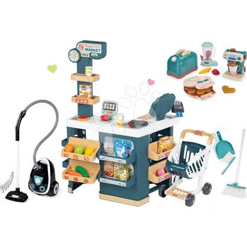 Dětská kuchyňka Set obchod elektronický s váhou a skenerem Super Market a vysavač Smoby s reálným zvukem a úklidová sada s kuchyňskými spotřebiči