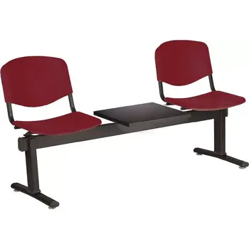 Zahradní lavice VINCENZA - 3 S, plastová lavice do čekárny, 2-sedák, stolek, vínová, kostra černá