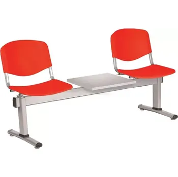 VINCENZA - 3 S, plastová lavice do čekárny, 2-sedák, stolek, červená, kostra stříbrná