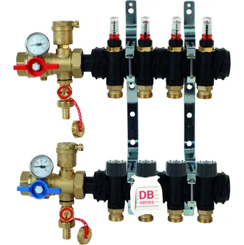 Stavebniny Giacomini R553FPDB Rozdělovač z technopolymeru s automatickou regulací průtoku s kulovými kohouty, vypouštěním, odvzdušněním