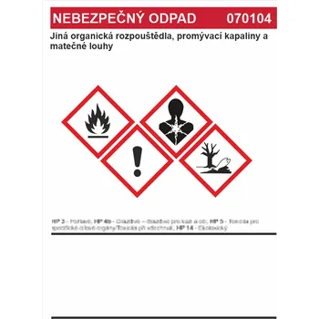 Nebezpečný odpad 070104 Jiná organická rozpouštědla .... samolepící vinylová fólie A4 (297 x 210 mm)
