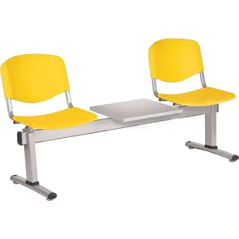 Zahradní lavice VINCENZA - 3 S, plastová lavice do čekárny, 2-sedák, stolek, žlutá, kostra stříbrná