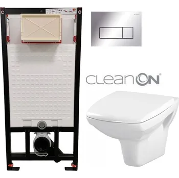 Klozet DEANTE Podomítkový rám, pro závěsné WC mísy + SLIM tlačítko chrom + WC CERSANIT CLEANON CARINA + SEDÁTKO CST_WC01 051P CA1