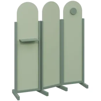 Paraván ATMOSFERE ROUND 216, dřevěný 3-dílný paraván, mobilní, výška 1600 mm, rám industrial green, výplň pistáciově zelená, polička, věšák