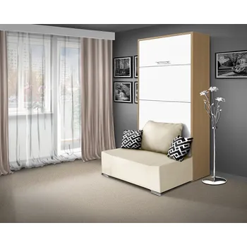 Postel Nabytekmorava Sklápěcí postel s pohovkou VS 21058P, 200x90 cm barevné kombinace: Buk / dveře bílé, barva pohovky: Savana krémová