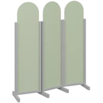 Paraván ATMOSFERE ROUND 116, dřevěný 3-dílný paraván, mobilní, výška 1600 mm, rám šedá, výplň šedo-zelinkavá