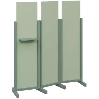 Paraván ATMOSFERE LINE 316, dřevěný 3-dílný paraván, mobilní, výška 1600 mm, rám industrial green, výplň pistáciově zelená, polička