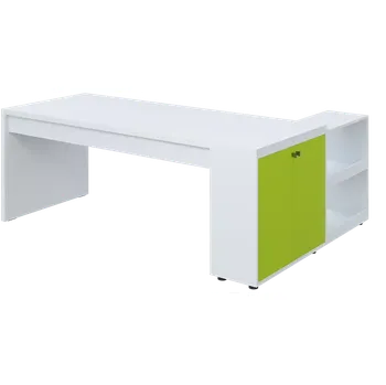 Psací stůl QRL 8 - 203 stůl pracovní, levý, dřevěná podnož, deska 36 mm, široký 2000 mm, bílá/jarní zeleň