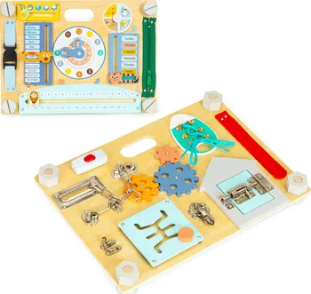 Dřevěná hračka Eco Toys Dřevěná oboustranná manipulační senzorická deska s hodinami