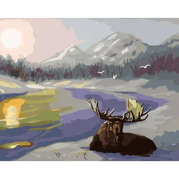 Hračka ZUTY Malování podle čísel - LOS LEŽÍCÍ VE SNĚHU A ŘEKA (D. RUSTY RUST) Rozměr: 40x50 cm, Rámování: bez rámu a bez vypnutí plátna