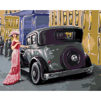 ZUTY Malování podle čísel - DÁMA V RŮŽOVÝCH ŠATECH U AUTA Rozměr: 40x50 cm, Rámování: bez rámu a bez vypnutí plátna