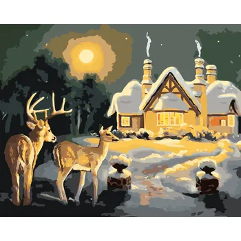 ZUTY Malování podle čísel - JELEN A LAŇ U ZASNĚŽENÉHO DOMU (D. RUSTY RUST) Rozměr: 40x50 cm, Rámování: vypnuté plátno na rám