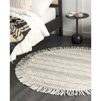 Koberec Koberec béžový vlněný ⌀ 140 cm kulatý ručně vyrobený se střapci geometrický vzor moderní styl Beliani