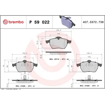 Brzdová destička Sada brzdových destiček, kotoučová brzda BREMBO P 59 022