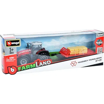 autíčko Massey Ferguson 8740S s přívěsem na balíky sena 1:50 Massey Ferguson 8740 S with bale trailer - kovový model auta