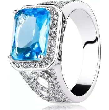 Prsten Stříbrný 925 prsten, ramena s ornamentem, světle modrý zirkon, čirá obruba - Velikost: 52