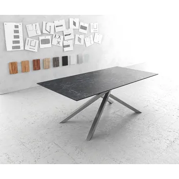 Jídelní stůl DELIFE Jídelní stůl Edge 200x100 cm keramika Laminam®Nero Greco antracitová křížová podnož nerezová ocel
