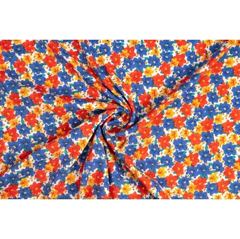 Viskózová tkanina modré a červené kytičky na bílé