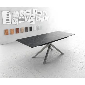 Jídelní stůl DELIFE Jídelní stůl Edge 180-220x90 cm keramika Laminam®Nero Greco antracitová křížová podnož pravoúhlý nerezová ocel rozkládací