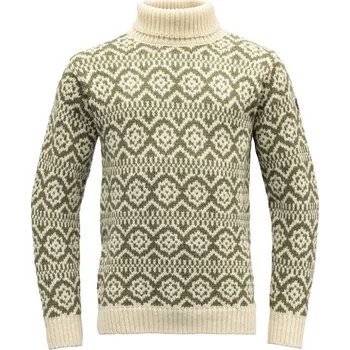 Pánská mikina Vlněný norský svetr DEVOLD Hoddevik Wool High Neck, Offwhite/Olive - XL