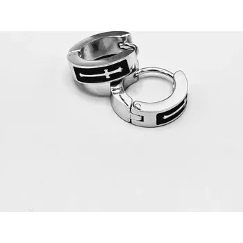 Náušnice Ocelové náušnice - Černo-stříbrné kruhy s křížkem