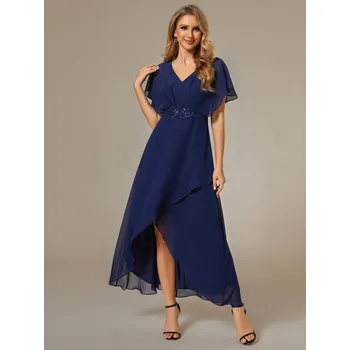 Dámské šaty Šifonové večerní šaty s krátkými rukávy Barva: Tmavě Modrá, Velikost: 2XL
