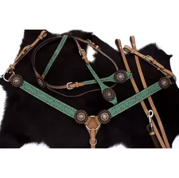 Zelený Westernový set uzdečka s otěžemi + poprsník