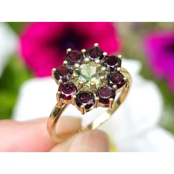 Prsten Zlatý prsten s vltavínem a granáty Au 585/1000 14K vel.54, (3,34g)