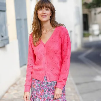 Dámský svetr Blancheporte Ažurový svetr na knoflíky, volný střih růžová 42/44