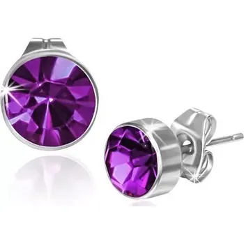 Náušnice Ocelové náušnice, stříbrná barva, tmavě fialový kulatý zirkon, puzetky