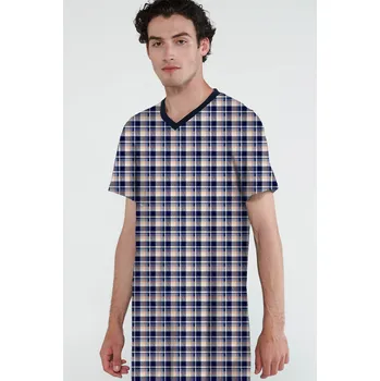 Pánské pyžamo Vamp - Bavlněná kostkovaná pánská noční košile 20624 - Vamp blue oxford L