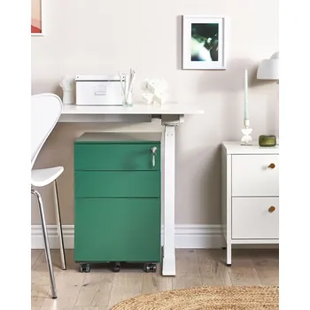 Úložný box Kancelář úložný prostor kartotéka skříňka zelená ocel na kolečkách 3 zásuvky industriální design na klíč pracovna Beliani