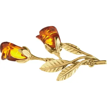 Brož Pozlacená stříbrná brož s jantarem - růže - AP539-3890