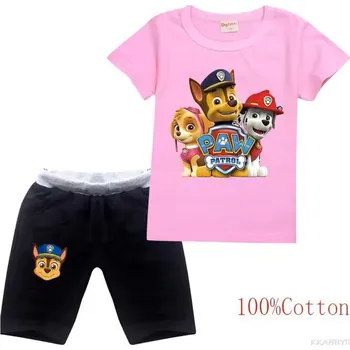 Dívčí letní souprava tričko + kraťasy - Tlapková patrola Barva: černé kraťasy + růžové tričko, Velikost: 160