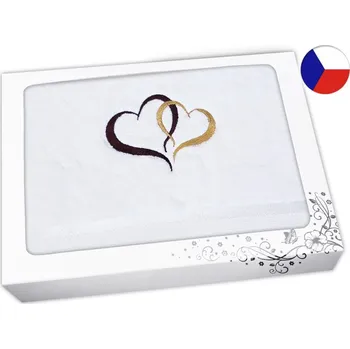 Ručník Luxusní dárková balení osušky s výšivkou bílá Srdce hnědá/zlatá