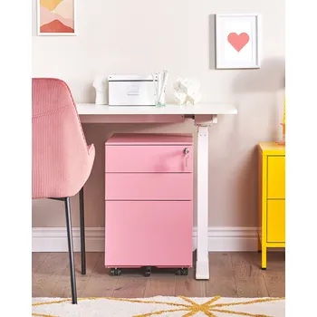 Úložný box Kancelář úložný prostor kartotéka skříňka růžová ocel na kolečkách 3 zásuvky industriální design na klíč pracovna Beliani