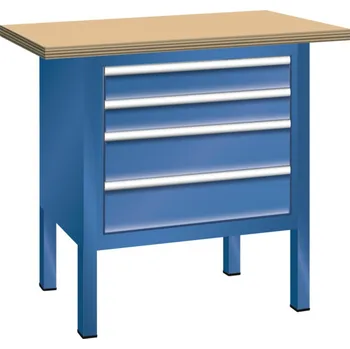 Dílenský stůl Pracovní stůl Lista, š 1000 mm, buková pracovní deska, 4 zásuvky, enciánově modrý