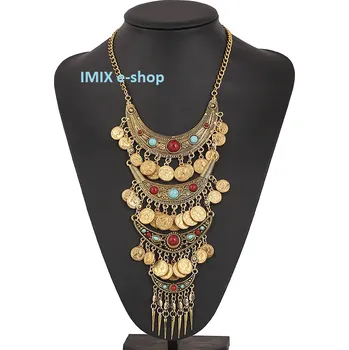 Náhrdelník Tribal dlouhý Boho náhrdelník v moderním stylu s penízky a kameny Stříbrná