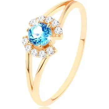 Prsten Prsten ve žlutém 14K zlatě - čiré zirkonové obloučky, kulatý modrý topas - Velikost: 60