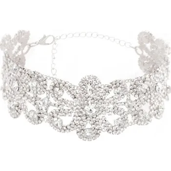 Náhrdelník Široký štrasový náhrdelník kolem krku se zirkony květy Stříbrná
