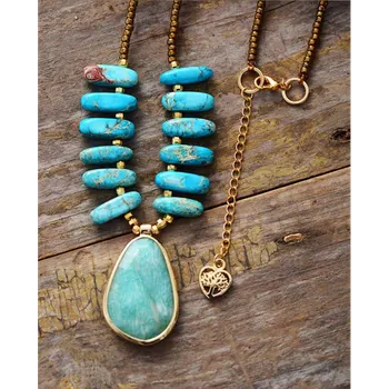 Náhrdelník Velký náhrdelník proti stresu Amazonit ve zlatém pouzdře a Jaspis