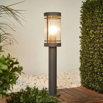 Svítidlo Lindby stojací lampa Djori, 50 cm, antracitová, nerezová ocel, E27 - Ø stínidlo na lampu 10,4 cm, Ø trubka 5 cm, Ø podstavec 9,5 cm tmavě šedá, čirá 1 x 15 W LED - Doprava zdarma