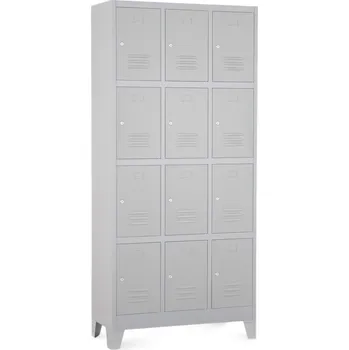 Šatní skříň Kovová šatní skříňka - 12 boxů, 90 x 40 x 195 cm, pevné nohy, cylindrický zámek, světle šedá - ral 7035