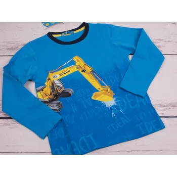 Triko dlouhý rukáv Kugo HC0762 modré tyrkysové se žlutým bagrem velikost oblečení - děti: 128