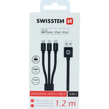 Datový kabel DATOVÝ KABEL SWISSTEN TEXTILE 3in1 MFi 1,2 M ČERNÝ (Lightning, USB-C, Micro USB)