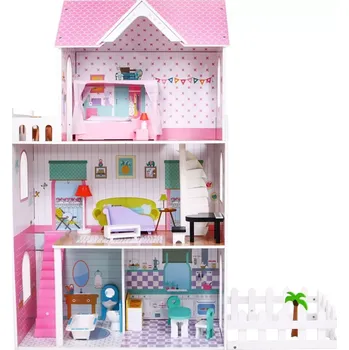 Domeček pro panenku Dřevěný domeček pro panenky Růžový pro děti 3+ s vybavením a nábytkem