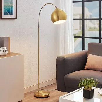 Lampička Oblouková stojací lampa Lindby Moisia, mosazná barva, kov, 148 cm - Ø stínidla 25 cm; podstavec - Ø 25 cm, výška 4 cm; délka kabelu 180 cm mosazný mat 1 x 40 W - Doprava zdarma