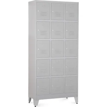 Šatní skříň Kovová šatní skříňka - 15 boxů, 90 x 40 x 196,5 cm, nastavitelné nožky, cylindrický zámek, světle šedá - ral 7035