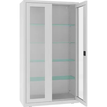 Kovová lékárenská skříň s prosklenými dveřmi, skleněné police, dvoukřídlé dveře, š x h x v: 1000x435x1800 mm, barva šedá RAL7035